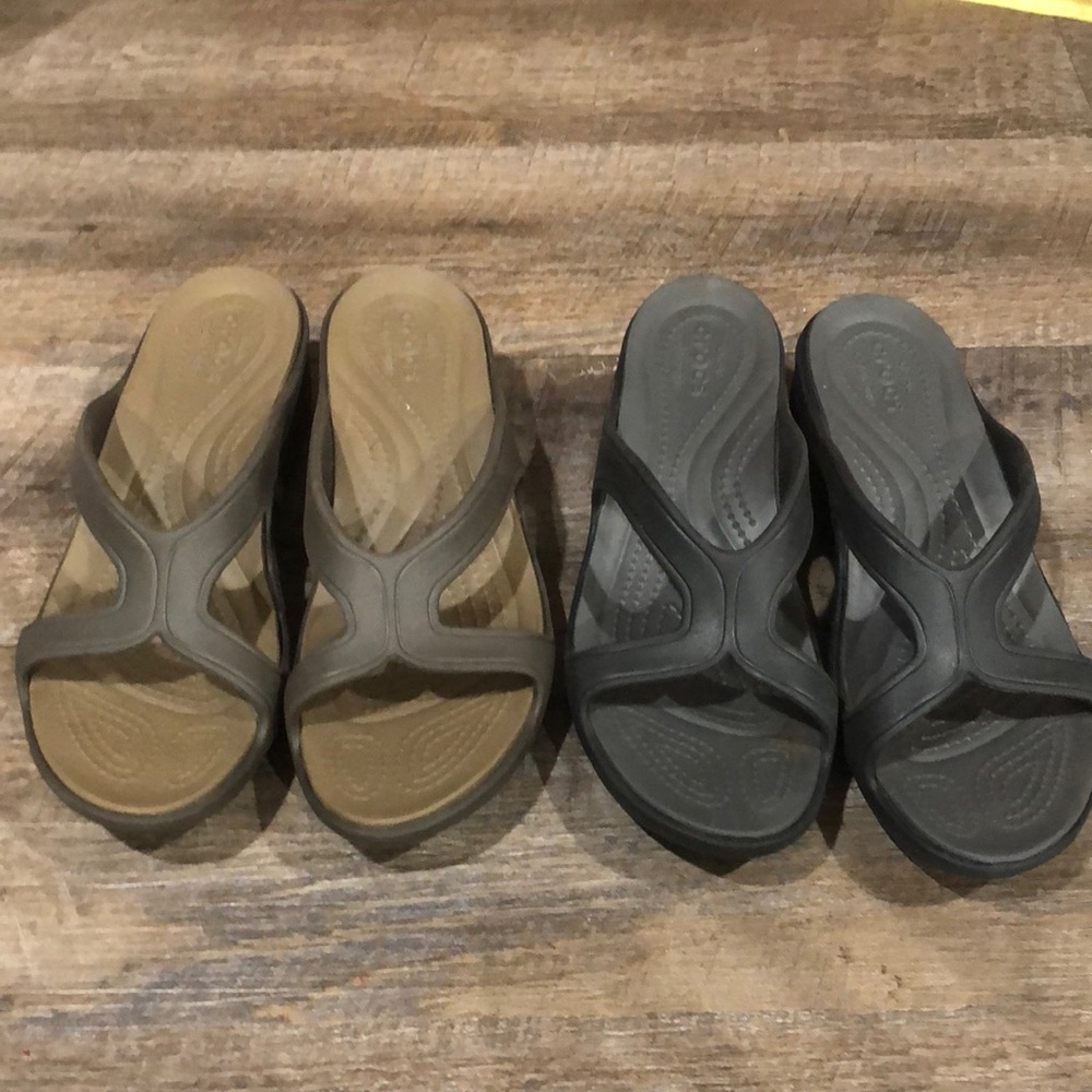 Two Crocs Meleen Twist Wedge Sandals‎ Black and Brown  Dual Comfort Womens 7